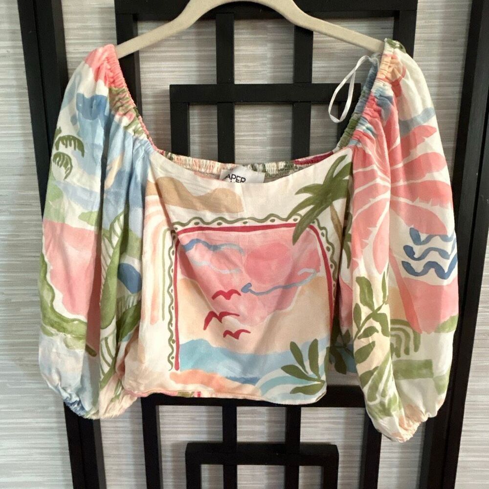 Paper heart beachy tropical cropped top with balloon sleeves size L peach blue b